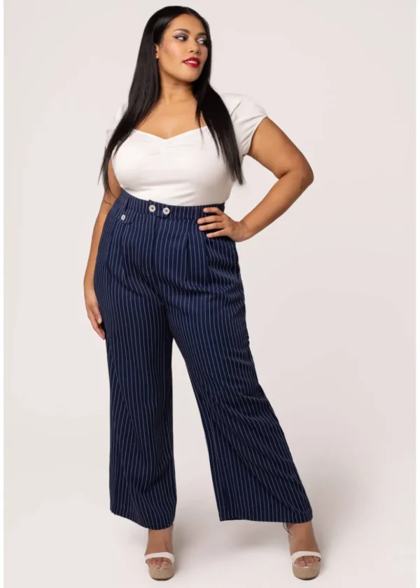 Hell Bunny Costello Pinstripe 40's Trousers Navy