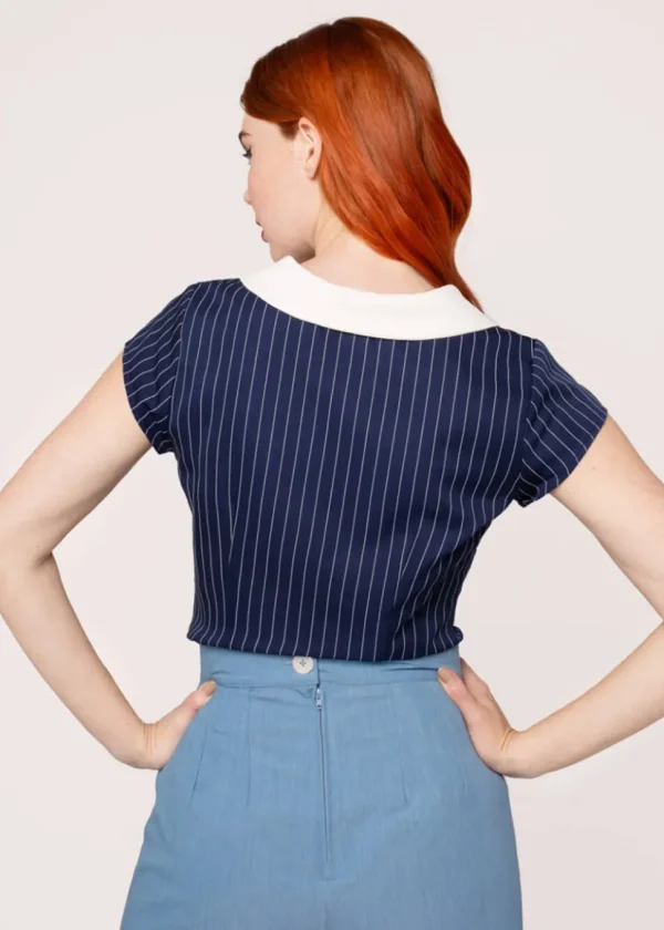 Hell Bunny Costello Pinstripe 40's Blouse Navy Blue