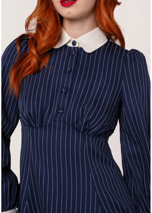 Hell Bunny Costello Pinstripe 40's Short Dress Navy