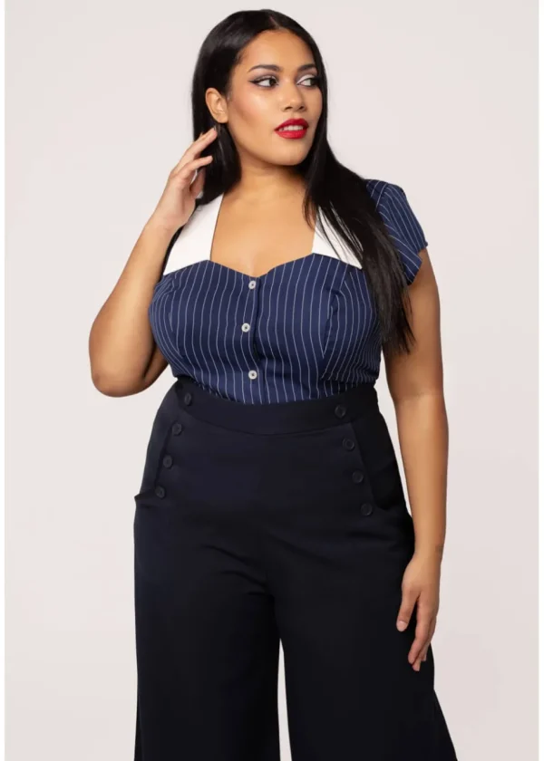 Hell Bunny Costello Pinstripe 40's Blouse Navy Blue