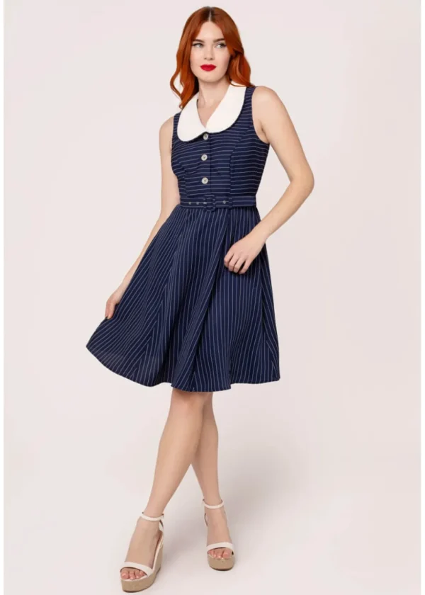 Hell Bunny Costello Pinstripe 40's Swing Dress Navy