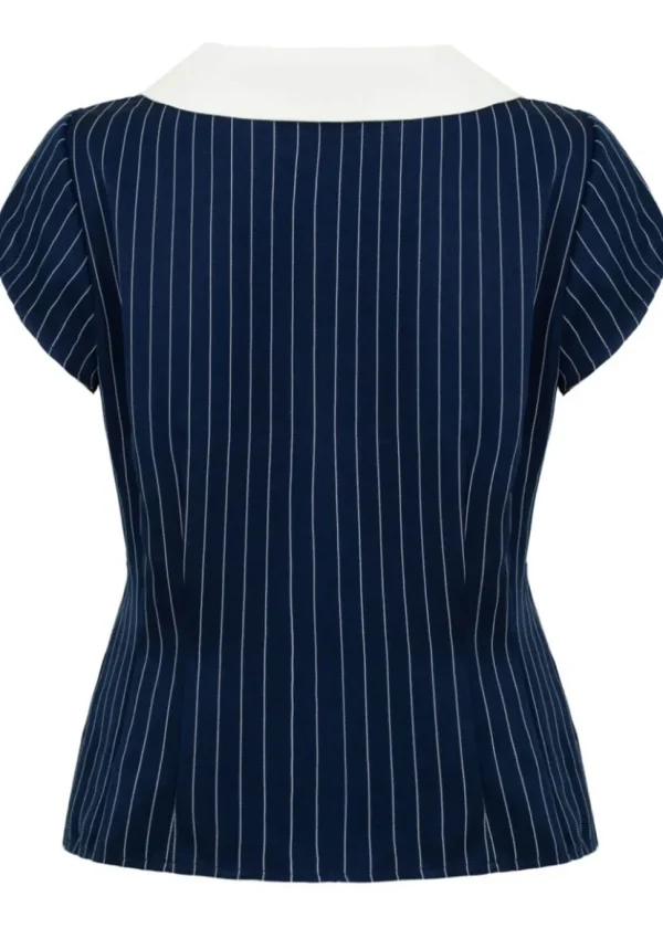 Hell Bunny Costello Pinstripe 40's Blouse Navy Blue
