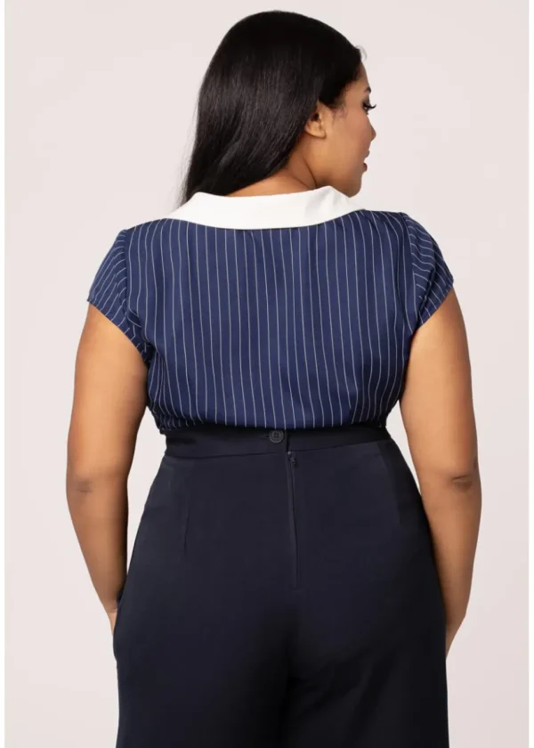 Hell Bunny Costello Pinstripe 40's Blouse Navy Blue