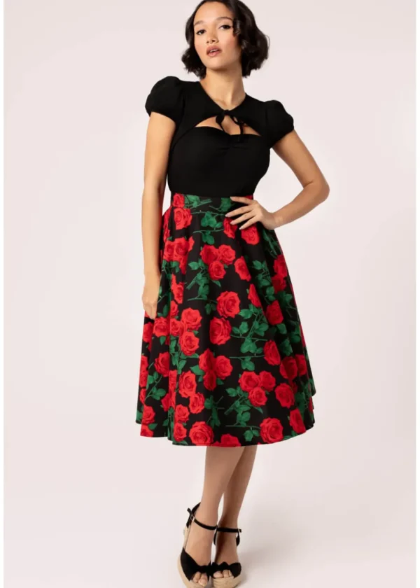 Hell Bunny Dolce Vita Roses 50's Swing Skirt Black