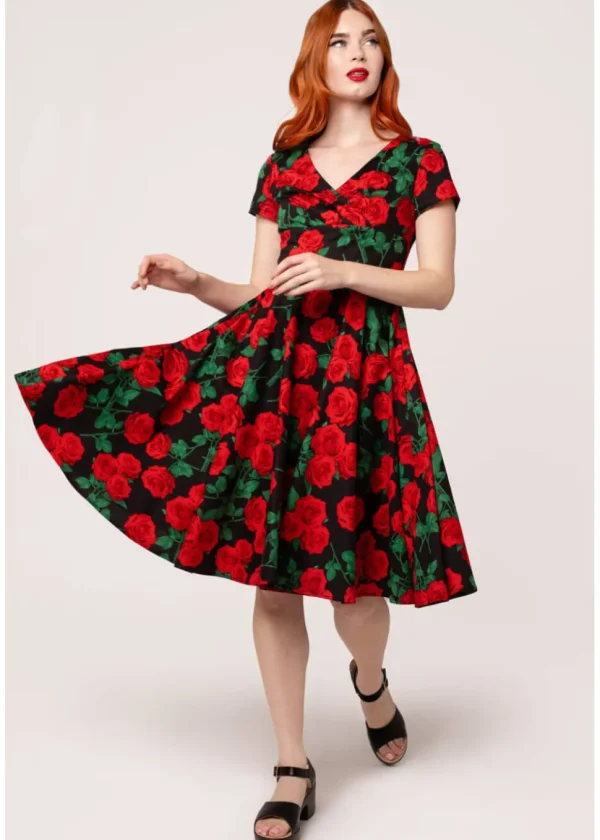 Hell Bunny Dolce Vita Roses 50's Swing Dress Black