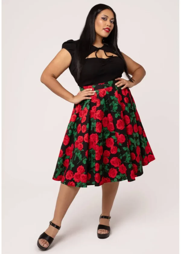 Hell Bunny Dolce Vita Roses 50's Swing Skirt Black