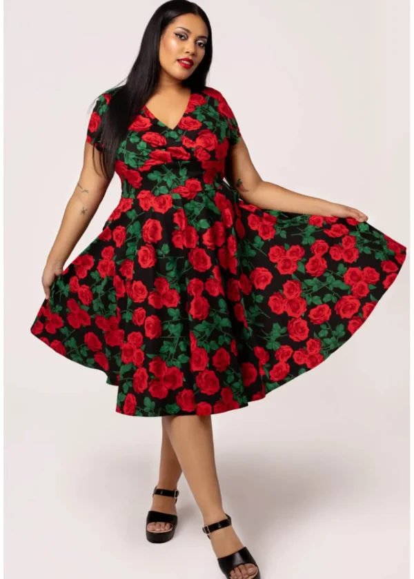 Hell Bunny Dolce Vita Roses 50's Swing Dress Black