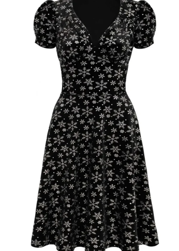 Hell Bunny Eve Snowflakes Velvet 40's A-Line Dress Black