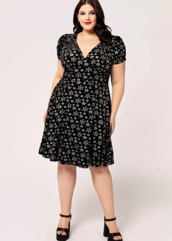Hell Bunny Eve Snowflakes Velvet 40's A-Line Dress Black