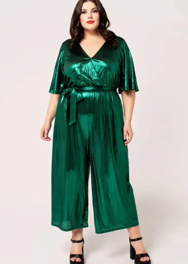 Hell Bunny Gigi Metallic 70's Jumpsuit Green