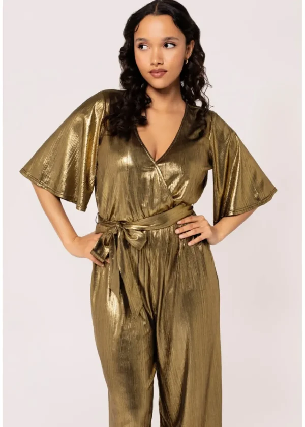 Hell Bunny Gigi Metallic 70's Jumpsuit Gold