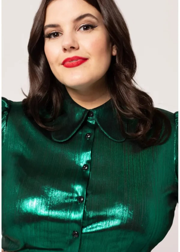Hell Bunny Gigi Metallic 70's Blouse Green