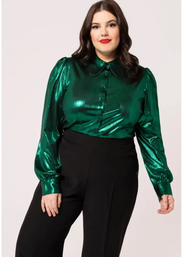 Hell Bunny Gigi Metallic 70's Blouse Green