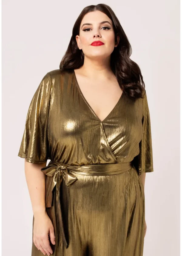 Hell Bunny Gigi Metallic 70's Jumpsuit Gold