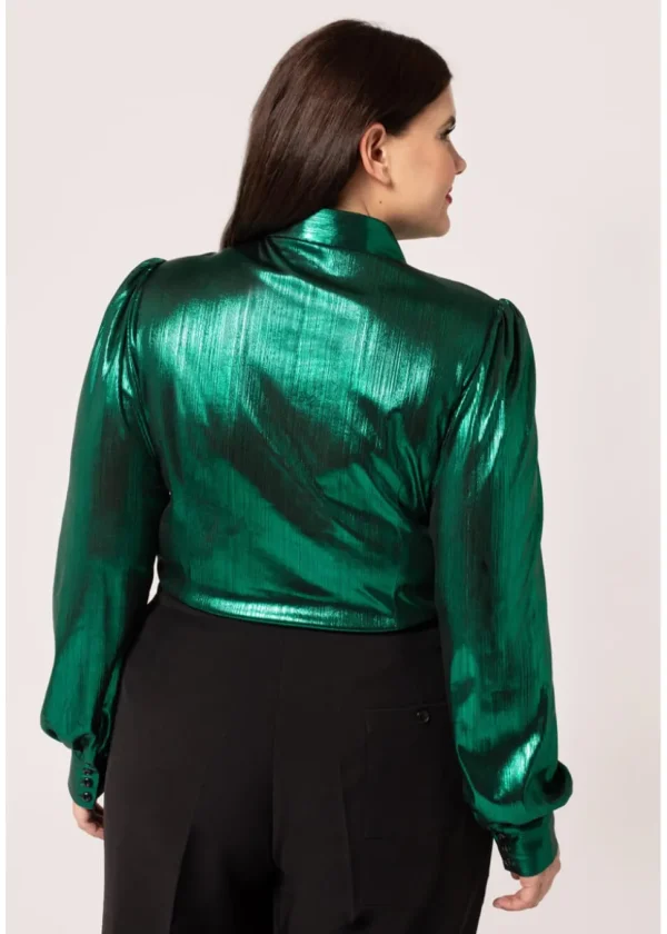Hell Bunny Gigi Metallic 70's Blouse Green