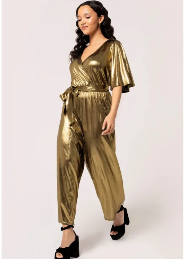 Hell Bunny Gigi Metallic 70's Jumpsuit Gold