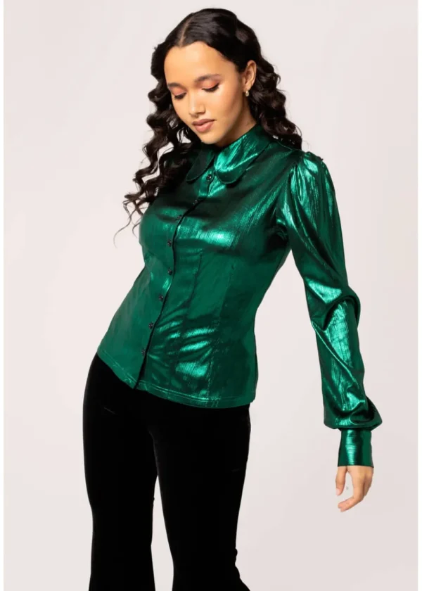 Hell Bunny Gigi Metallic 70's Blouse Green
