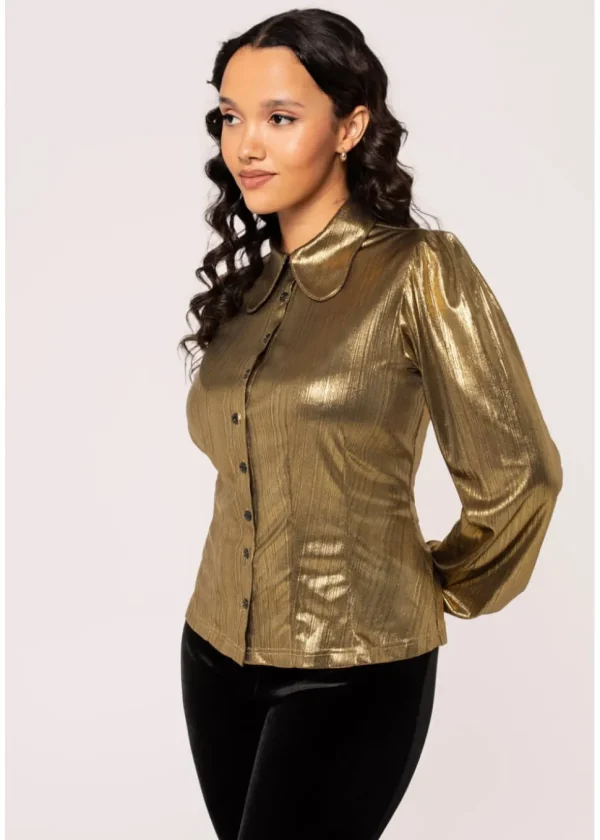 Hell Bunny Gigi Metallic 70's Blouse Gold