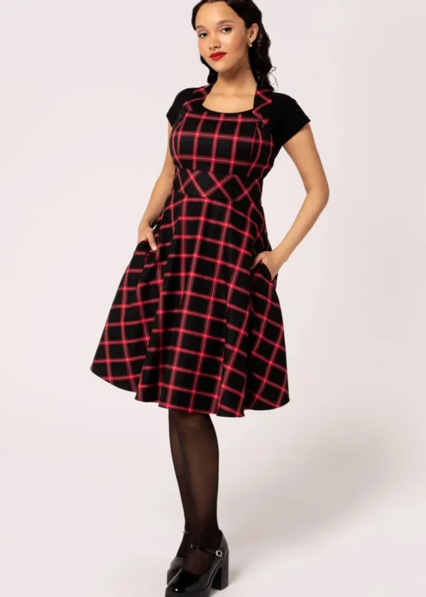 Hell Bunny Janine Tartan Pinafore 40's Swing Dress Black Red