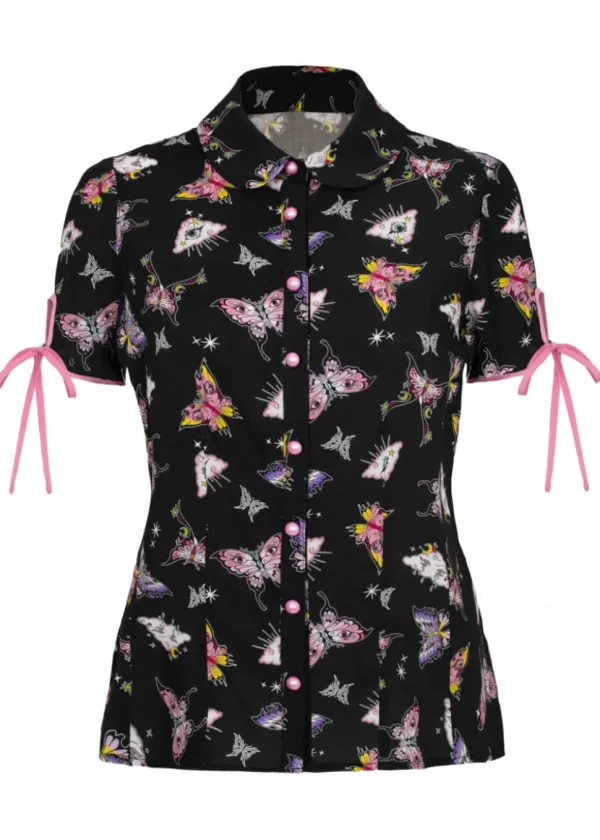 Hell Bunny Kocho Butterfly 40's Blouse Black