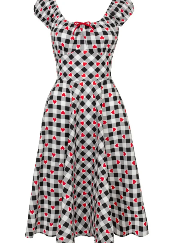 Hell Bunny Leonie Gingham Hearts 50's Swing Dress Black White