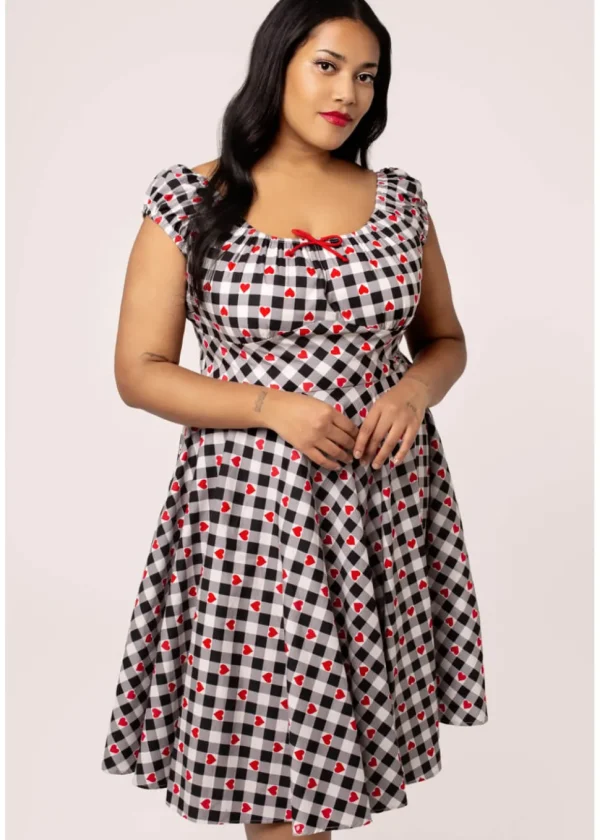 Hell Bunny Leonie Gingham Hearts 50's Swing Dress Black White