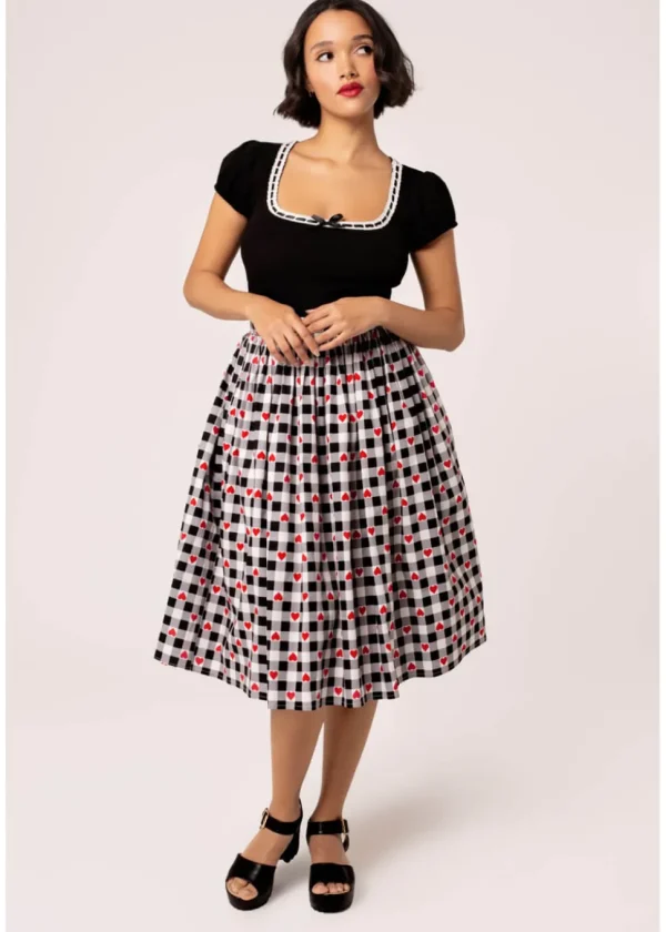 Hell Bunny Leonie Gingham Hearts 50's Swing Skirt Black White