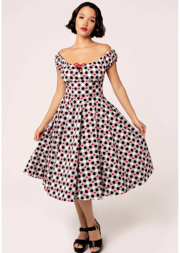 Hell Bunny Leonie Gingham Hearts 50's Swing Dress Black White