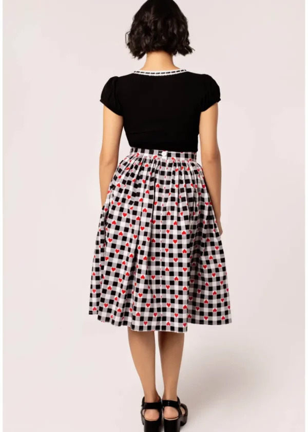 Hell Bunny Leonie Gingham Hearts 50's Swing Skirt Black White