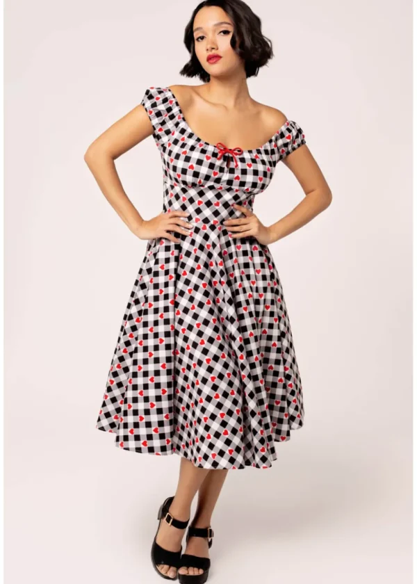 Hell Bunny Leonie Gingham Hearts 50's Swing Dress Black White