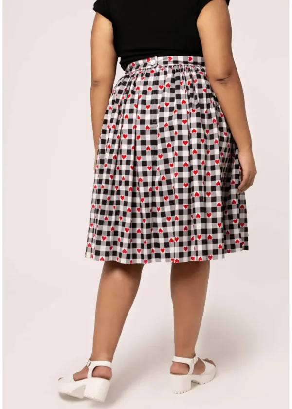 Hell Bunny Leonie Gingham Hearts 50's Swing Skirt Black White
