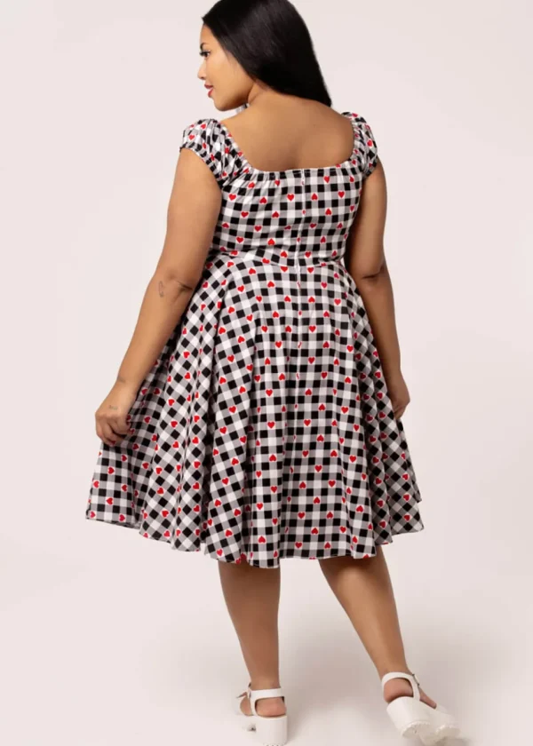 Hell Bunny Leonie Gingham Hearts 50's Swing Dress Black White