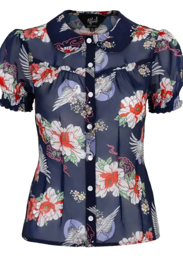 Hell Bunny Misa Crane 40's Blouse Navy Blue