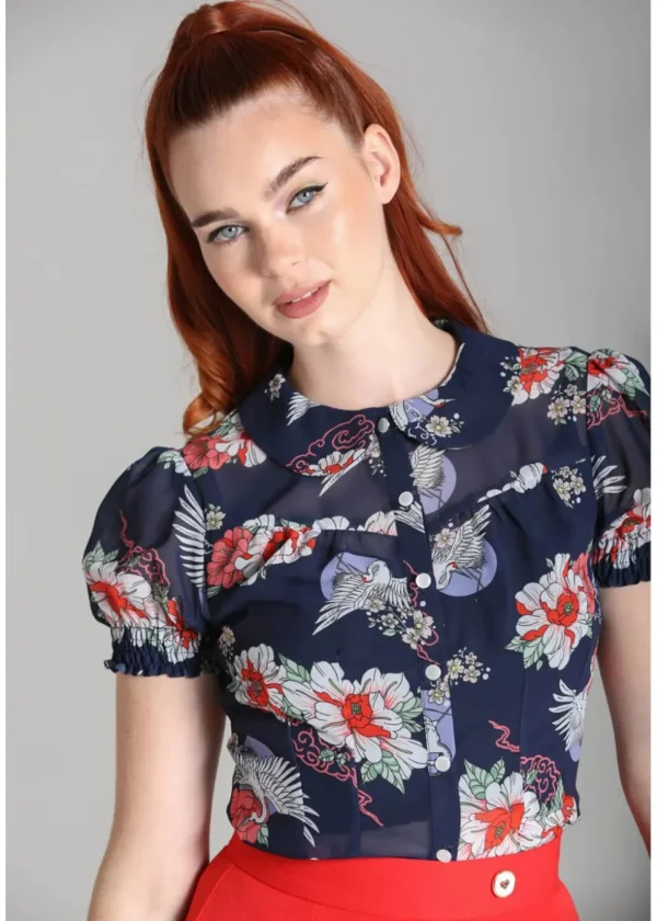 Hell Bunny Misa Crane 40's Blouse Navy Blue
