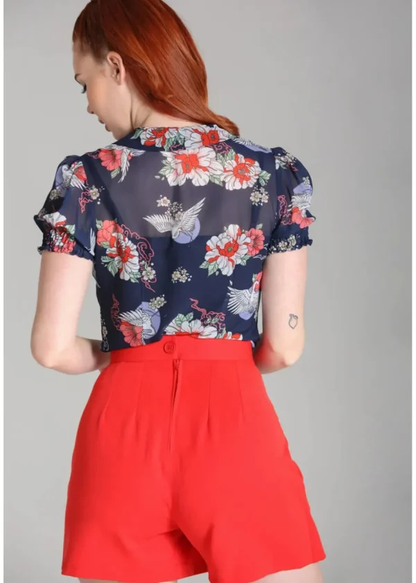 Hell Bunny Misa Crane 40's Blouse Navy Blue