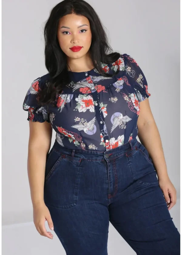 Hell Bunny Misa Crane 40's Blouse Navy Blue