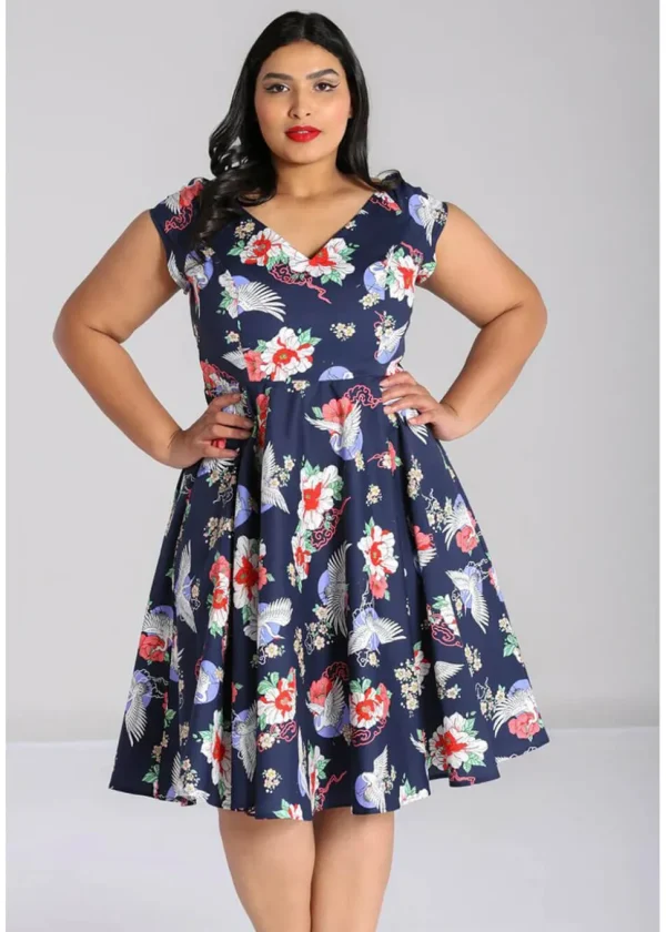 Hell Bunny Misa Cranes 50's Midi Swing Dress Navy