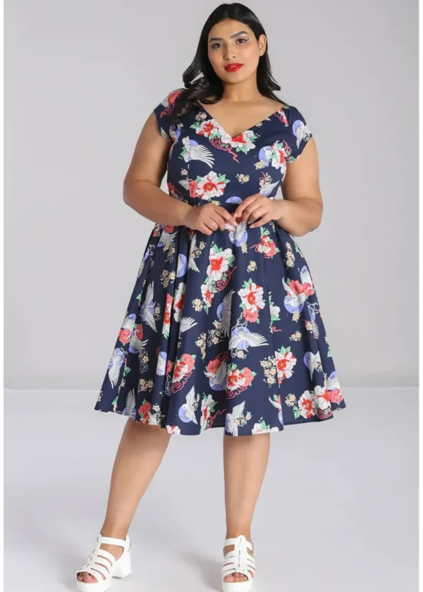 Hell Bunny Misa Cranes 50's Midi Swing Dress Navy