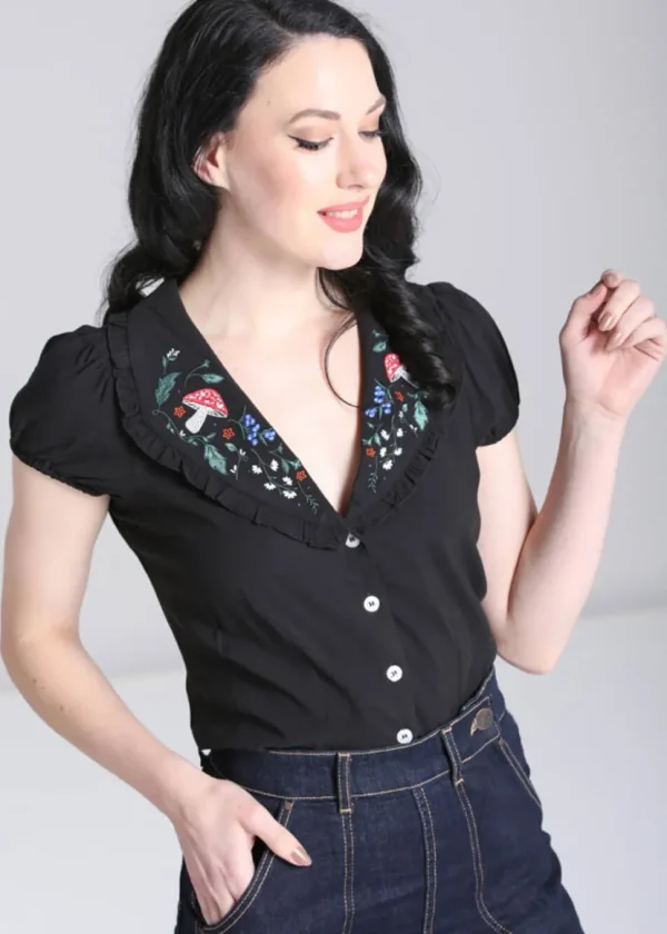 Hell Bunny Natura Mushroom 40's Blouse Black