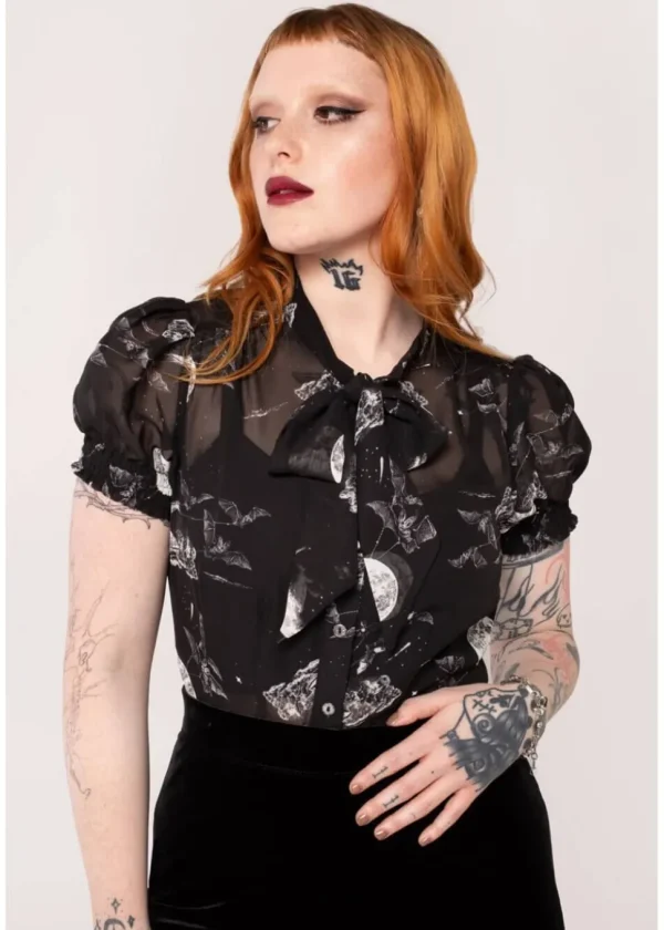 Hell Bunny Over The Moon Bats 40's Blouse Black