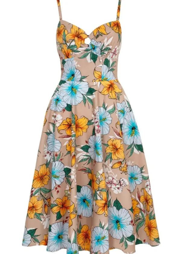 Hell Bunny Pattaya Floral 50's Swing Dress Beige