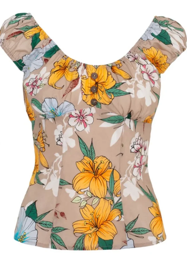 Hell Bunny Pattaya Floral Top Beige Coloured