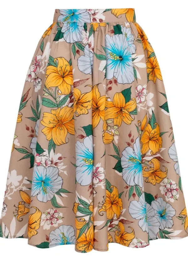 Hell Bunny Pattaya Floral 50's Swing Skirt Beige