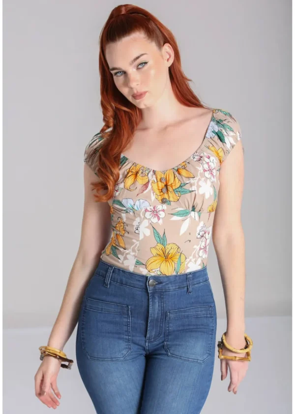 Hell Bunny Pattaya Floral Top Beige Coloured
