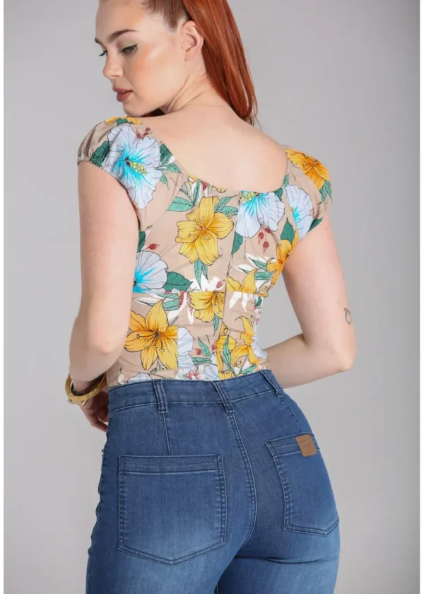 Hell Bunny Pattaya Floral Top Beige Coloured