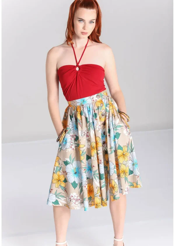 Hell Bunny Pattaya Floral 50's Swing Skirt Beige
