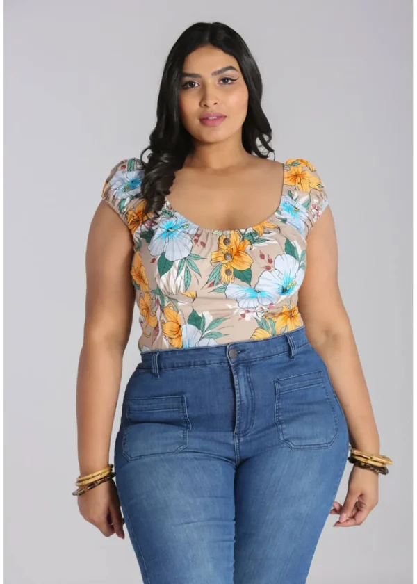 Hell Bunny Pattaya Floral Top Beige Coloured
