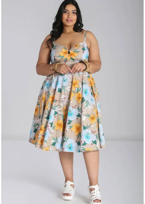 Hell Bunny Pattaya Floral 50's Swing Dress Beige