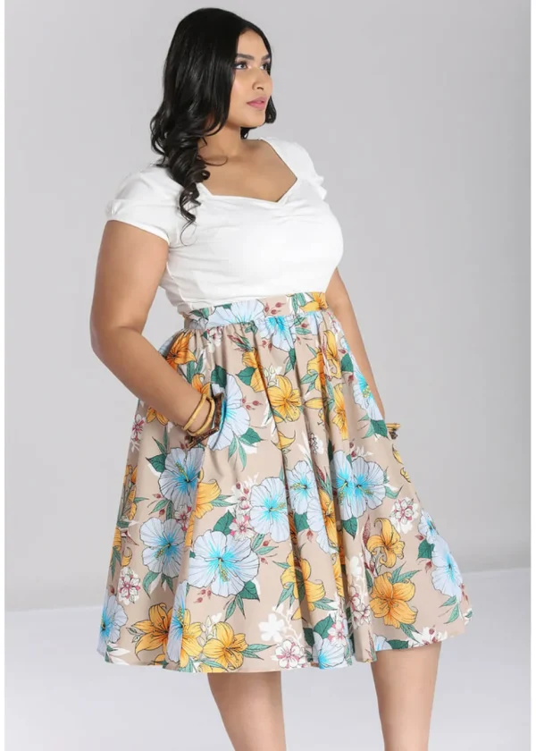 Hell Bunny Pattaya Floral 50's Swing Skirt Beige