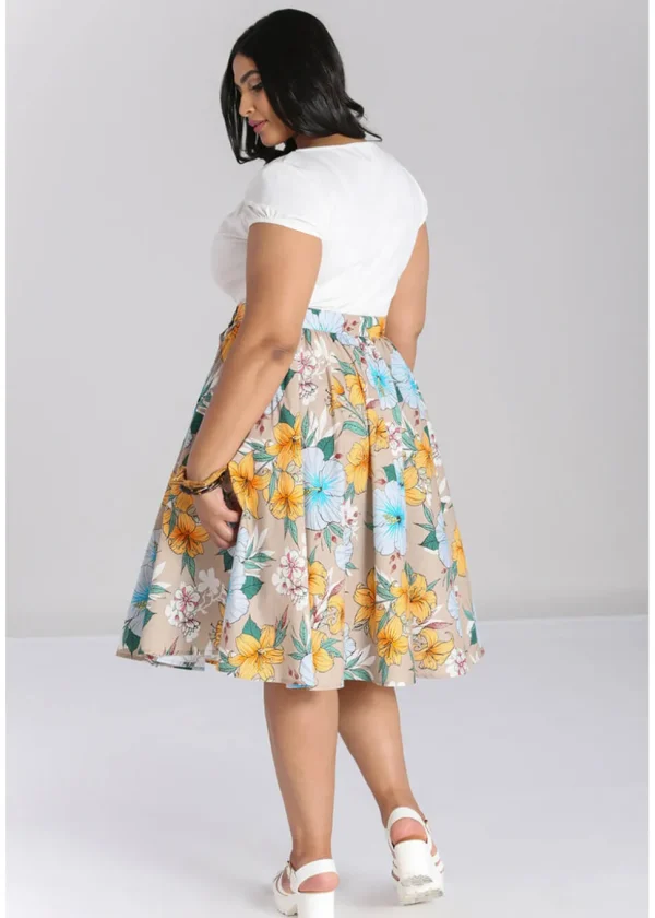 Hell Bunny Pattaya Floral 50's Swing Skirt Beige